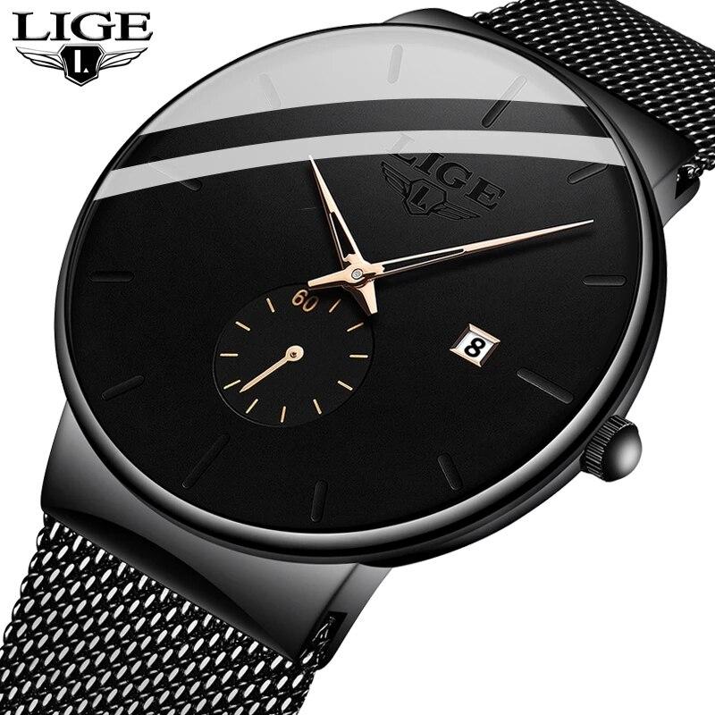 LIGE Fashion Mens Watches Top Brand Luxury Quartz Watch Men Casual Slim Mesh Steel Waterproof Sport Watch Relogio Masculino