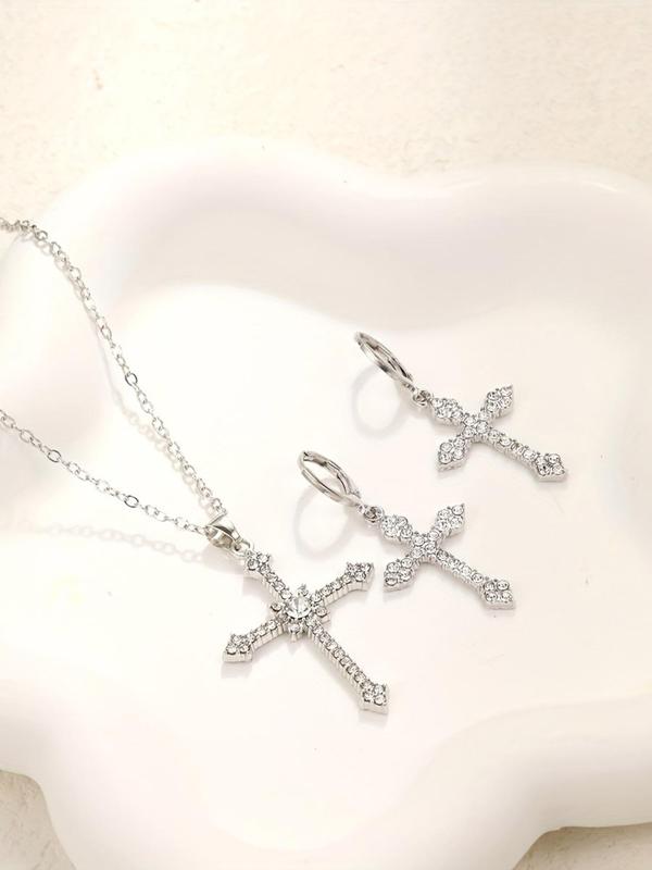 3pcs set Women's Rhinestones Decorated Pendant Necklace & Dangle Earrings with Cross Design, Elegant Exquisite Jewelry Set For Party Decoration As Gift Without Box