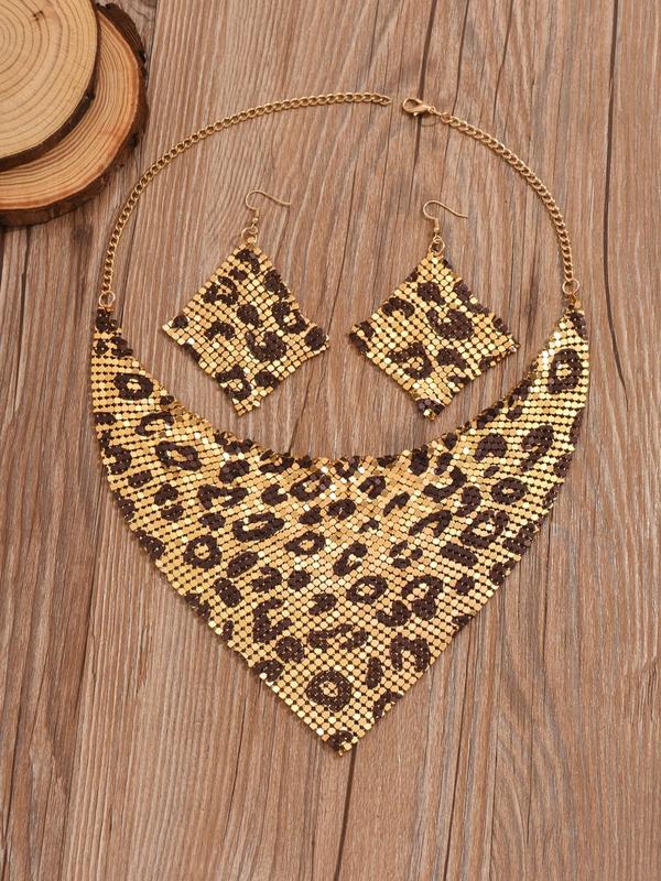 Fashion Leopard Print Bib Necklace & Dangle Earrings, 3pcs Vintage Elegant Versatile Jewelry Sets for Women & Teen Girls for Banquet, Daily Decoration, Summer Vacation Beach Party Music Festivals