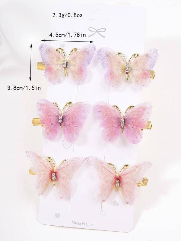 6pcs set Cute Butterfly Design Hair Clips, Ombre Hair Clips, Tulle Series Hair Clips, Retro Fashion Alloy Hair Accessories for Women and Girls