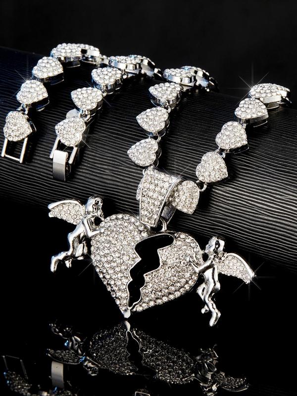 Broken Heart & Cupid Design Pendant Necklace & Bracelet, Rhinestone Decor Jewelry Set for Party, Daily Clothing Decor, Trendy All-match & Exquisite Jewelry for Birthday Gift