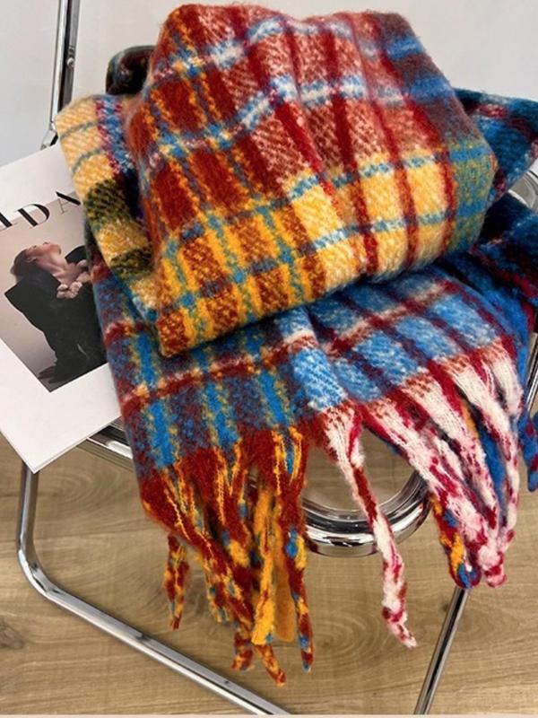 Colorblock Plaid Pattern Tassel Design Scarf, Casual Soft Warm Thick Shawl for Fall & Winter, Fashion Accessories for Women & Men