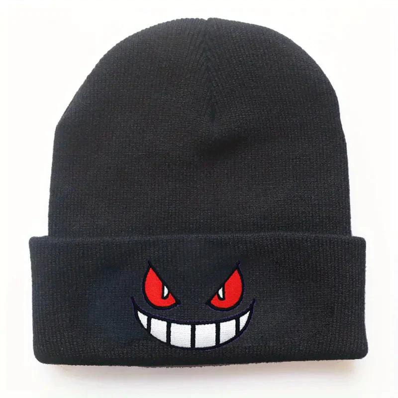 y2k beanie Anime Devil Embroidered Beanies Solid Color Trendy Knit Hats Party Hats Lightweight Elastic Skull Cap Warm Ski Hats For