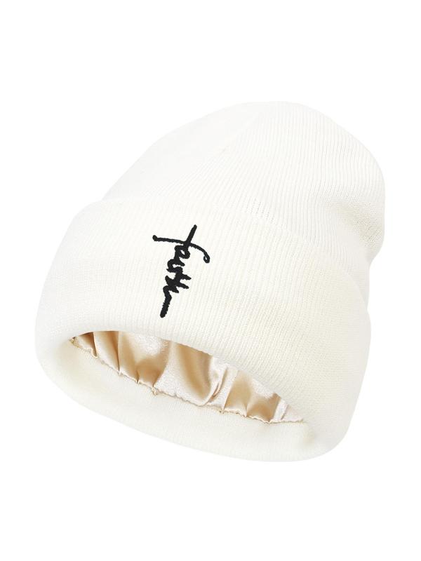 Letter Embroidery Satin lining Beanie Hat, Casual Winter Warm Knit Hat for Women & Men, Fashion Accessories for Daily Wear