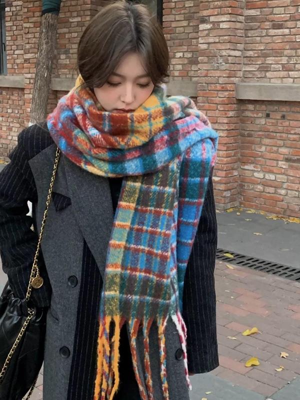 Colorblock Plaid Pattern Tassel Design Scarf, Casual Soft Warm Thick Shawl for Fall & Winter, Fashion Accessories for Women & Men