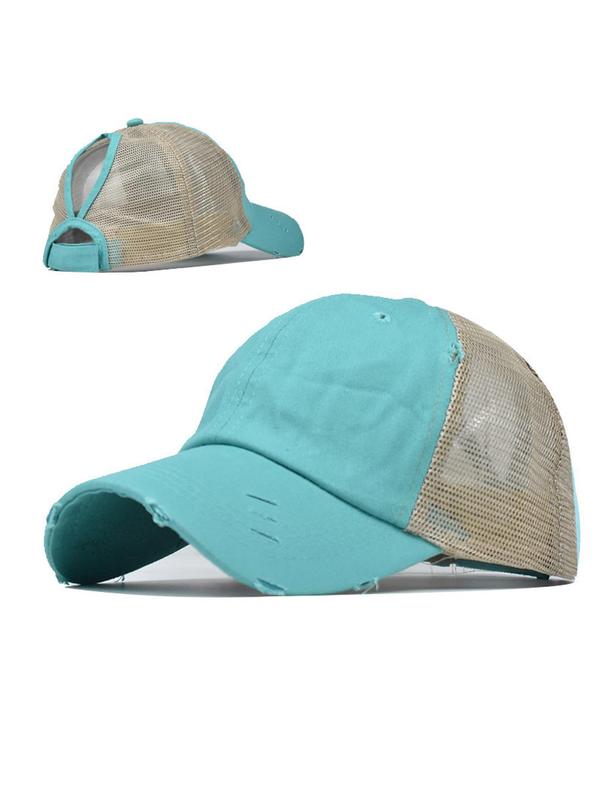 Unisex Casual Trendy Ponytail Baseball Cap, Street Brim Sportive Baseball Cap, Back To School Distressed Braided Hole Sun Protection Hat for Women Summer