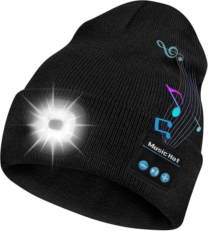 Bluetooth Beanie Hat with Light, Headlamp Cap with Headphones and Built-in Speaker Mic- USB Rechargeable Winter Knitted Cap,Christmas Gift