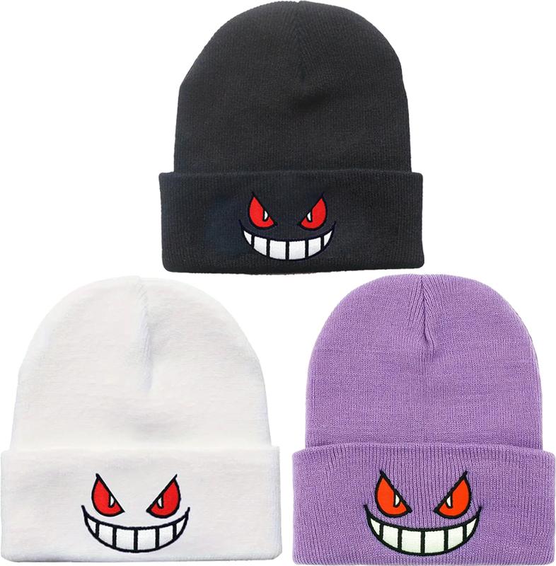 y2k beanie Anime Devil Embroidered Beanies Solid Color Trendy Knit Hats Party Hats Lightweight Elastic Skull Cap Warm Ski Hats For