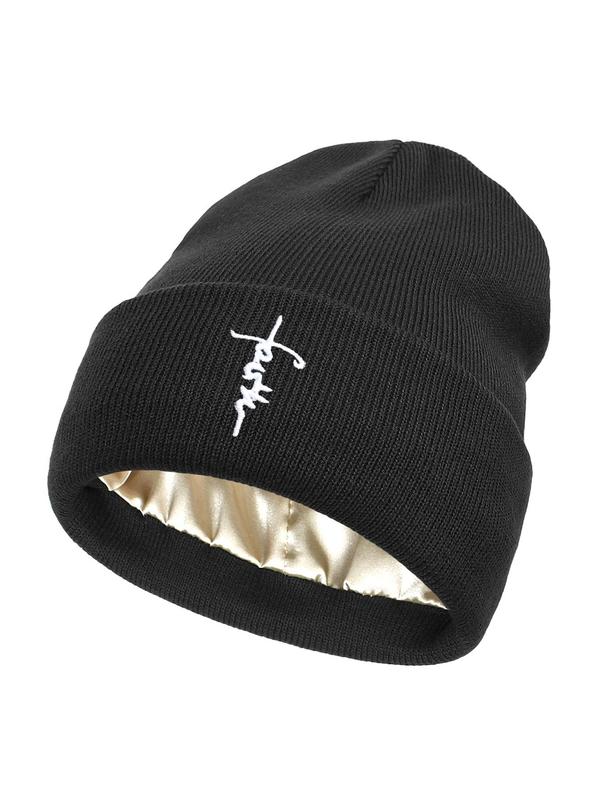 Letter Embroidery Satin lining Beanie Hat, Casual Winter Warm Knit Hat for Women & Men, Fashion Accessories for Daily Wear