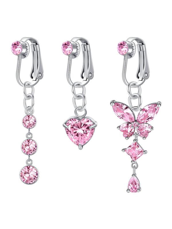 Women's Elegant Rhinestone Decor Fake Belly Rings, Exquisite Trendy Belly Piercing Jewelry with Butterfly & Heart Design, Fashionable Body Jewelry for Women & Girls