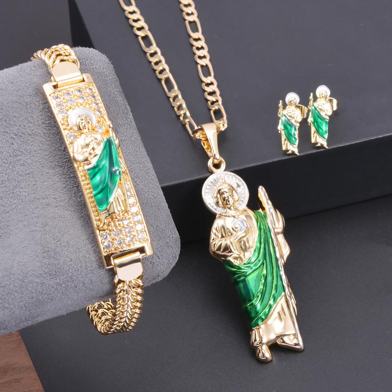 Jewelry set (Bracelet + Pendant + necklace + pair of earrings) Mexican charm Saint Jude, Guadalupe, patron saint of religion Faith Wear jewelry, Jewelry Jewelry set holiday celebration gifts, protect blessing jewelry gifts for men and women