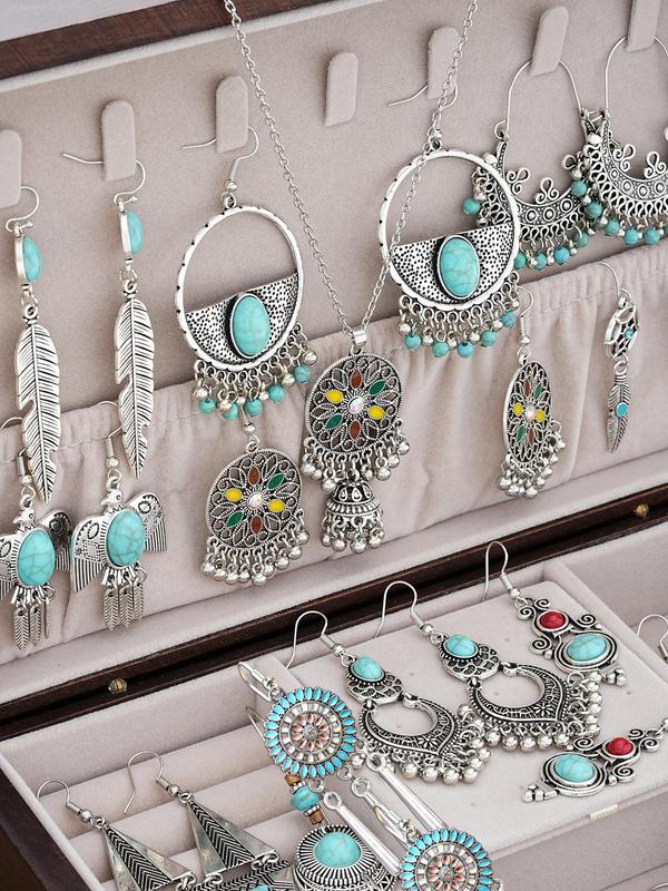 Boho Style Ethnic Pattern Jewelry Set, Turquoise Decor Pendant Necklace & Dangle Earrings Set, Vintage Jewelry Set for Women & Girls, Exquisite Jewelry for Birthday Gift, without Box