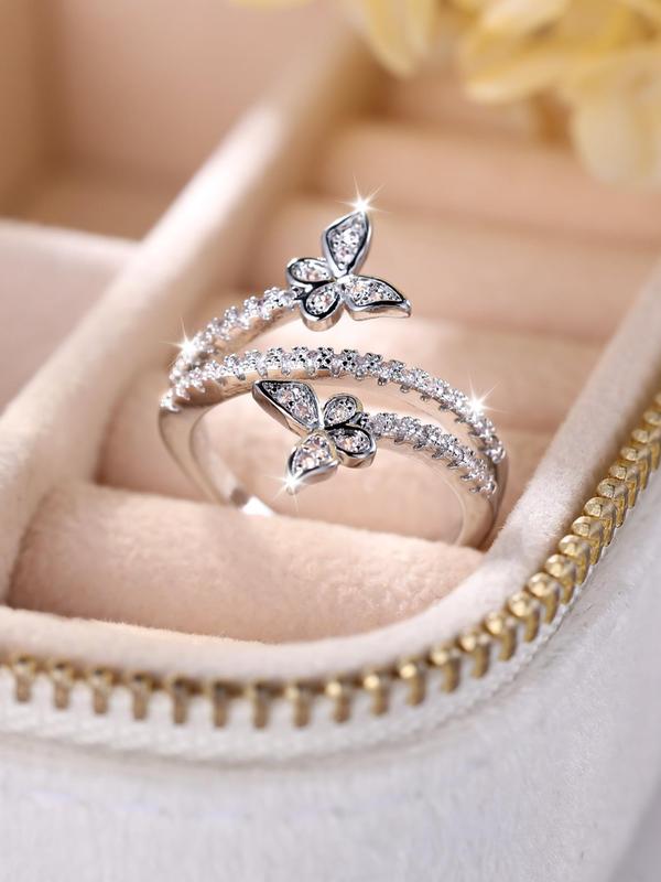 Women's Elegant Rhinestone Decorated Butterfly Design Ring, Exquisite Trendy Layered Ring, Fashionable Jewelry As Gift for Women & Girls