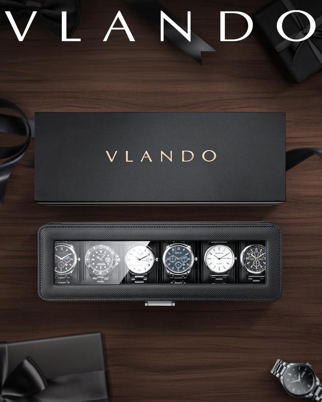 VLANDO Watch Cases for Men, 6-Slot Watch Box with Glass Lid, Lockable, Business Textured Leather, Soft Pillow, Gift for Fathers, Husband, Friend