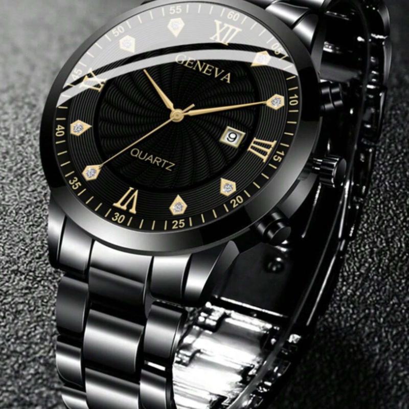 Watch For Men Black Stainless Steel Strap Glamorous Rhinestone Decor Date Round Dial Quartz Watch, For Daily Life Holiday As A Gift For Students Returning To School