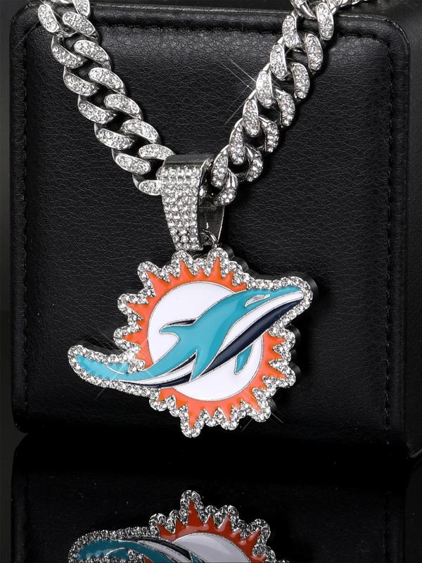 2024 New Style Dolphins Pendant Necklace, Hip Hop Punk Rhinestone Decor Cuban Necklace for Football Fans, Icy Hip Hop Pendant for Jewelry Men