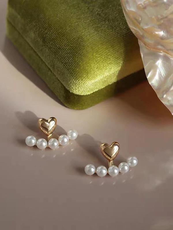 1 Pair Women's Elegant Fashion Faux Pearl Embellished Heart Stud Earrings, Reversible Front and Back, Holiday Party Accessories Gifts