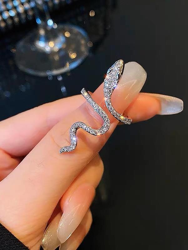 Punk Style Rhinestone Decorated Snake Design Cuff Ring, Exquisite Trendy Texture Alloy Ring for Women, Fashion Jewelry for Party Decoration & Holiday Gifts