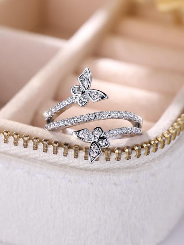 Women's Elegant Rhinestone Decorated Butterfly Design Ring, Exquisite Trendy Layered Ring, Fashionable Jewelry As Gift for Women & Girls