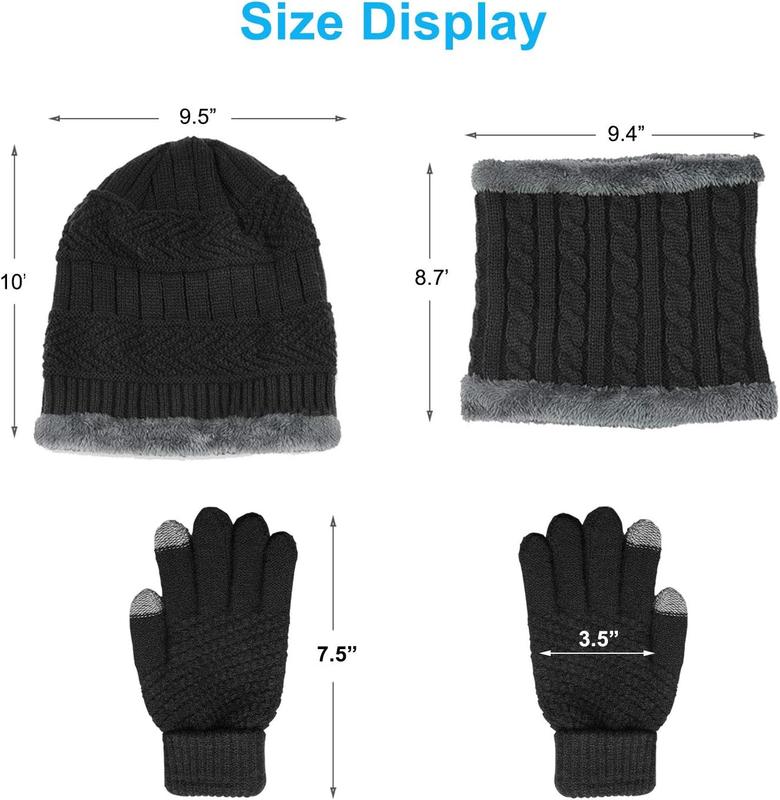 Winter Knit Beanie Hat  Warmer Gloves Set, Fleece Lined  Cap Infinity Scarves Touch Screen Mittens for Men Women