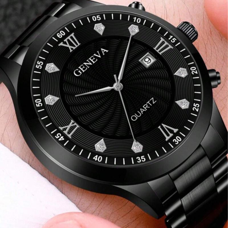 Watch For Men Black Stainless Steel Strap Glamorous Rhinestone Decor Date Round Dial Quartz Watch, For Daily Life Holiday As A Gift For Students Returning To School