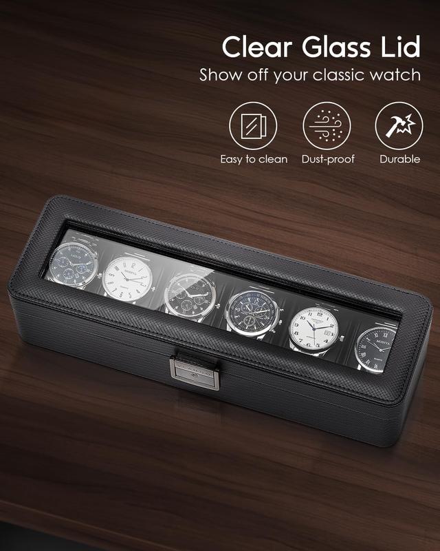 VLANDO Watch Cases for Men, 6-Slot Watch Box with Glass Lid, Lockable, Business Textured Leather, Soft Pillow, Gift for Fathers, Husband, Friend