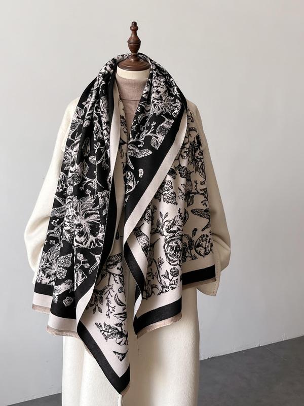 Vintage Floral & Bird Pattern Raw Hem Design Scarf, Elegant Style Shawl for Women & Men, Fashion Accessories for Fall & Winter