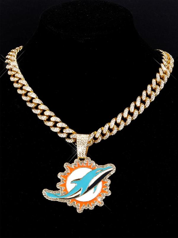 2024 New Style Dolphins Pendant Necklace, Hip Hop Punk Rhinestone Decor Cuban Necklace for Football Fans, Icy Hip Hop Pendant for Jewelry Men