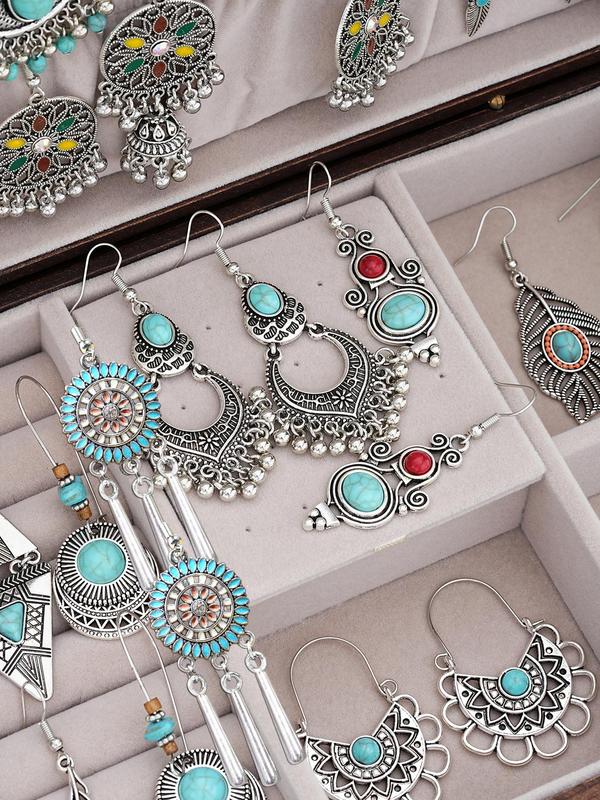 Boho Style Ethnic Pattern Jewelry Set, Turquoise Decor Pendant Necklace & Dangle Earrings Set, Vintage Jewelry Set for Women & Girls, Exquisite Jewelry for Birthday Gift, without Box