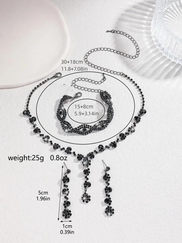 Women's Elegant Rhinestone Decorated Jewelry Set, Exquisite Trendy Necklace & Bracelet & Earrings Set, Fashionable Jewelry Set for Party Decoration