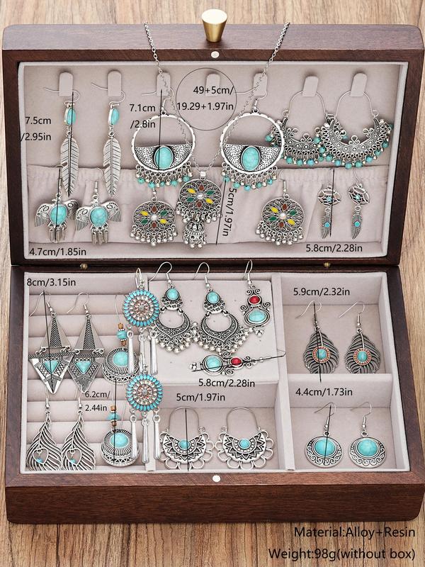 Boho Style Ethnic Pattern Jewelry Set, Turquoise Decor Pendant Necklace & Dangle Earrings Set, Vintage Jewelry Set for Women & Girls, Exquisite Jewelry for Birthday Gift, without Box