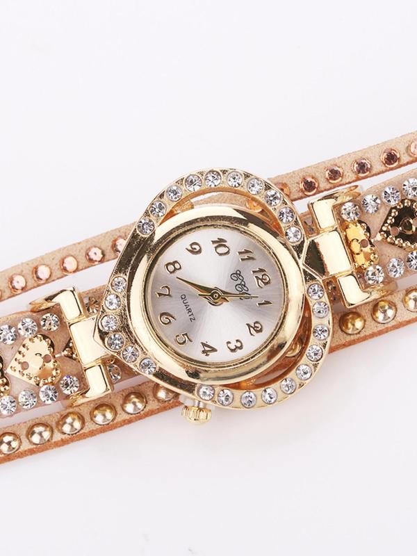 Women's Heart & Rivet & Rhinestone Decor Quartz Watch, PU Leather Strap Wristwatch, Fashionable Round Dial Analog Watch for Women & Girls, Trendy All-match Watch for Birthday Gift