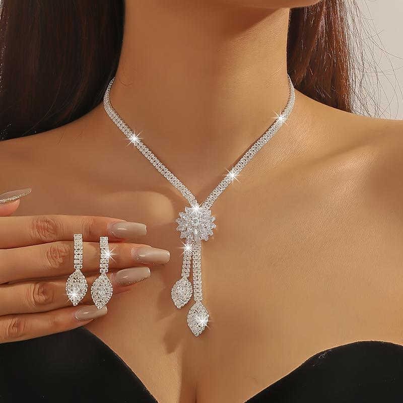 3-Piece Bridal Jewelry Set, Elegant CZ Flower Design, Luxury Wedding Necklace And Earrings Set, Luxury Style, Fashion Accessories For Bridal & Special Occasions Gifts For Eid