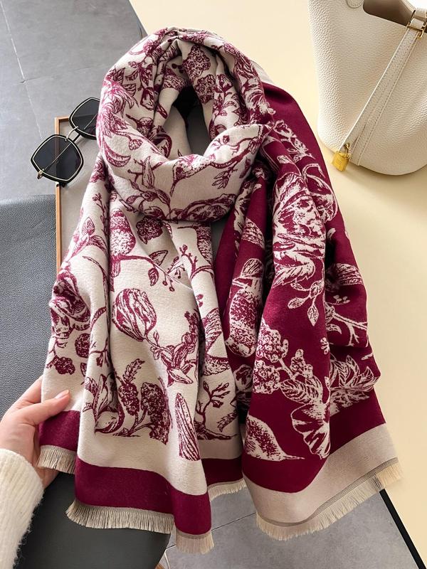 Vintage Floral & Bird Pattern Raw Hem Design Scarf, Elegant Style Shawl for Women & Men, Fashion Accessories for Fall & Winter