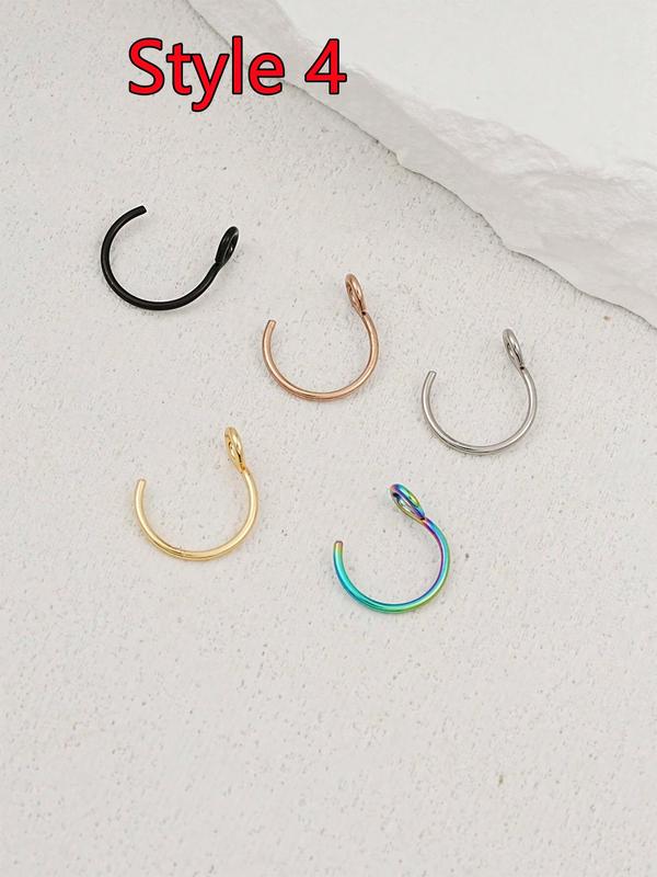 C-shaped Nose Rings, 5pcs set Classic Stainless Steel D-shaped Nose Rings, Double-layer Spiral Nose Rings, Piercing Fake Nose Rings, Body Piercing Jewelry Sets, Body Piercing Nose Rings Jewelry