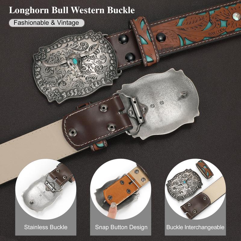 XZQTIVE Western Leather Buckle Belt for Men Women Floral Engraved Cowboy Belt for Jeans Longhorn Bull Buckle Waist Belt, L