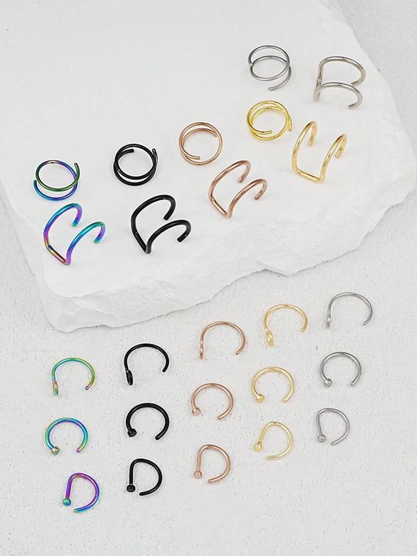 C-shaped Nose Rings, 5pcs set Classic Stainless Steel D-shaped Nose Rings, Double-layer Spiral Nose Rings, Piercing Fake Nose Rings, Body Piercing Jewelry Sets, Body Piercing Nose Rings Jewelry