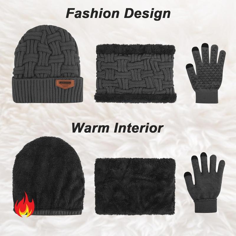 3-Pieces Winter Beanie Hat Scarf and Touch Screen Gloves Set Warm Knit Skull Cap for Men Women