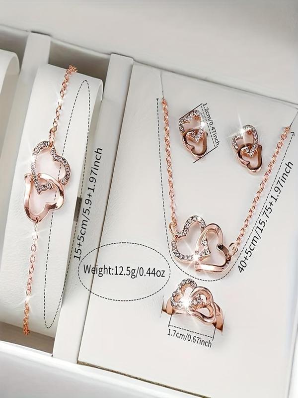 Women's Elegant Rhinestone Decor Heart Design Quartz Watch & Jewelry Set, Including Round Dial Watch & Stud Earrings & Pendant Necklace & Ring & Bracelet, Fashion Watch Set for Party, Daily Decor