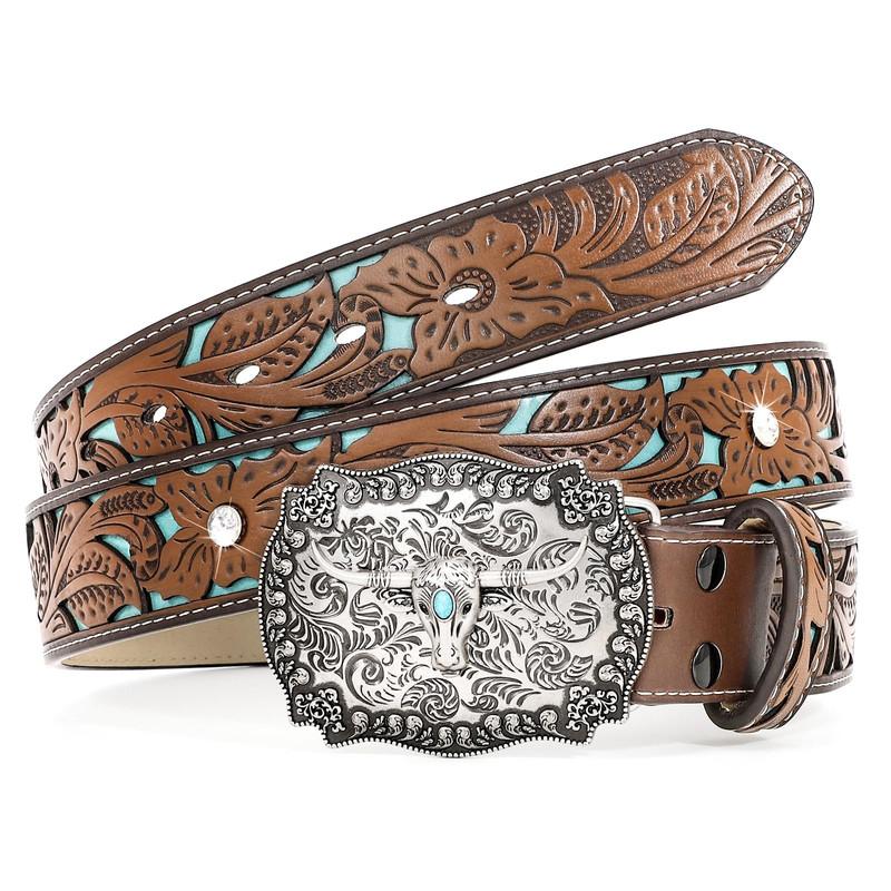 XZQTIVE Western Leather Buckle Belt for Men Women Floral Engraved Cowboy Belt for Jeans Longhorn Bull Buckle Waist Belt, L