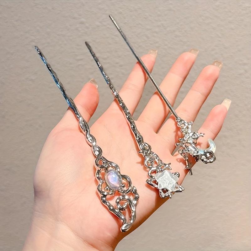 3PCS Moonstone Alloy Hairpin Set For Women, Chic Elegant Minimalist Crescent Motifs Moon Star Casual Hair Accessories, Perfect For Holiday Party Daily Wear, Christmas Gifts For Her