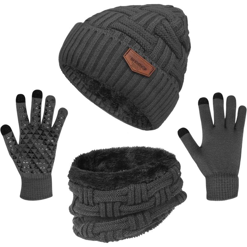 3-Pieces Winter Beanie Hat Scarf and Touch Screen Gloves Set Warm Knit Skull Cap for Men Women