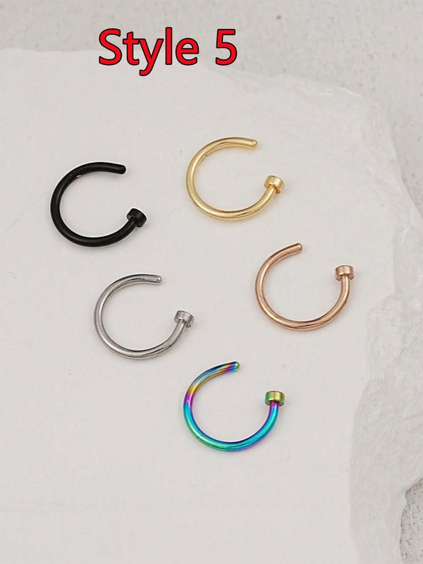 C-shaped Nose Rings, 5pcs set Classic Stainless Steel D-shaped Nose Rings, Double-layer Spiral Nose Rings, Piercing Fake Nose Rings, Body Piercing Jewelry Sets, Body Piercing Nose Rings Jewelry