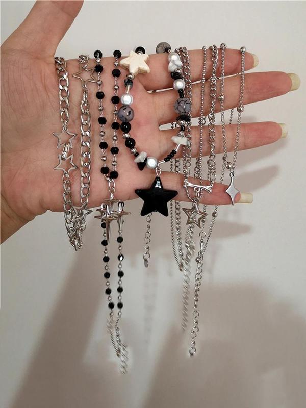 Vintage Star Design Pendant Necklace, Punk Style Beaded Necklace for Party, Daily Decor, Trendy All-match & Exquisite Jewelry for Birthday Gift