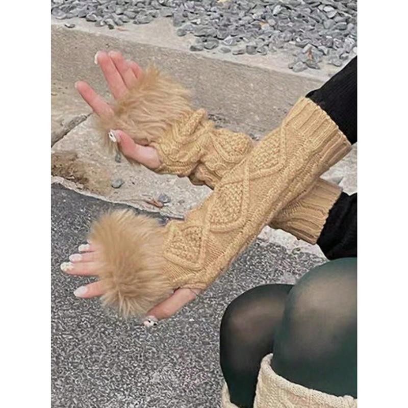 Contrast Fluffy Fingerless Gloves Halloween Accessories Winter Gloves