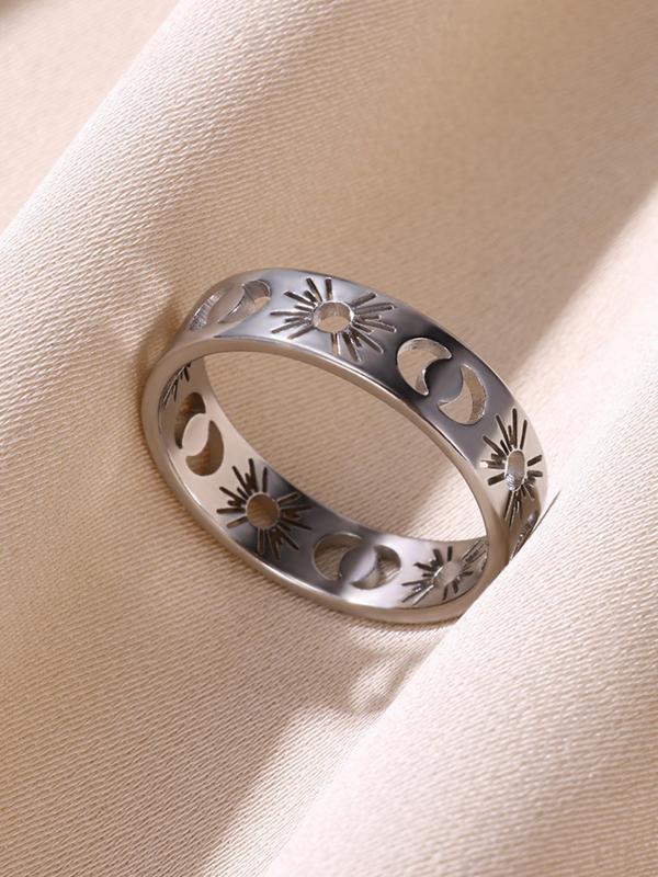 Fashion Hollow Out Sun & Moon Design Simple Ring, Stainless Steel Casual Jewelry For Daily Wear, All-match Fashion Accessories For Women