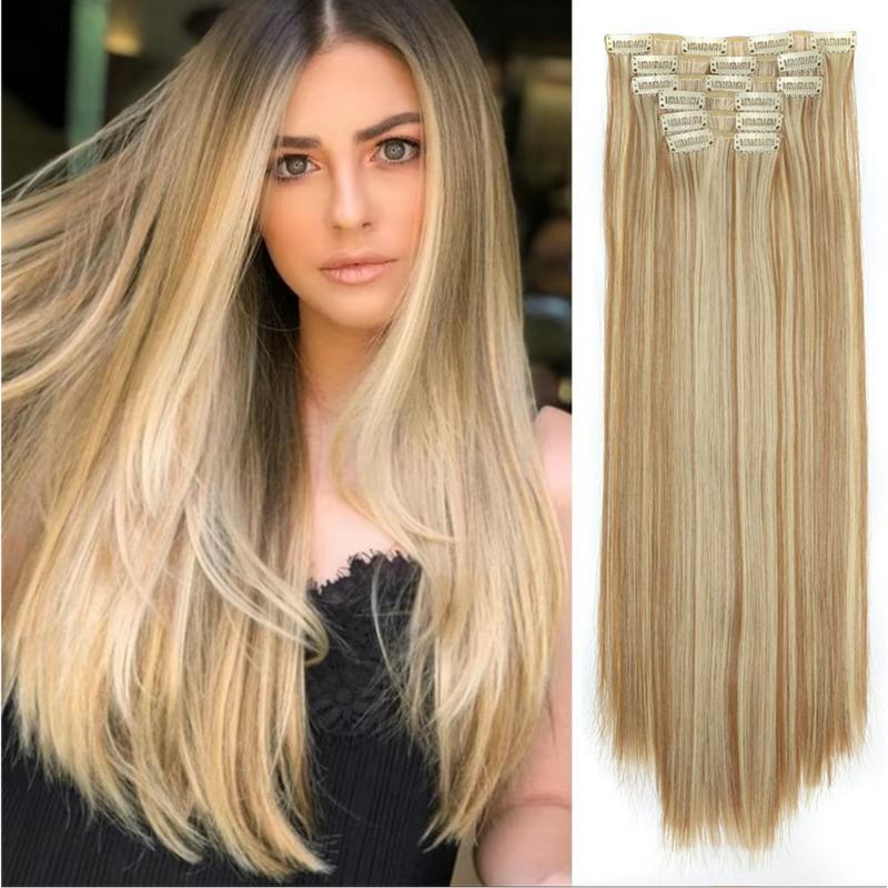 24 Inch Long Straight Synthetic Hair Extensions, 6 pcs Clip in Wigs for Women’s Daily Use, Gorgeous Natural Fluffy Hairpieces with Great Quality, 2025 Trendy Female Matching Wigs for all Occasions