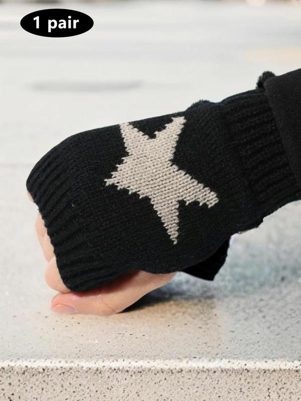 Star Print Design Half Finger Gloves, Casual Soft Comfort Outdoor Sports Gloves, Knitted Pentagram Pattern Kawaii Accessories for Fall & Winter