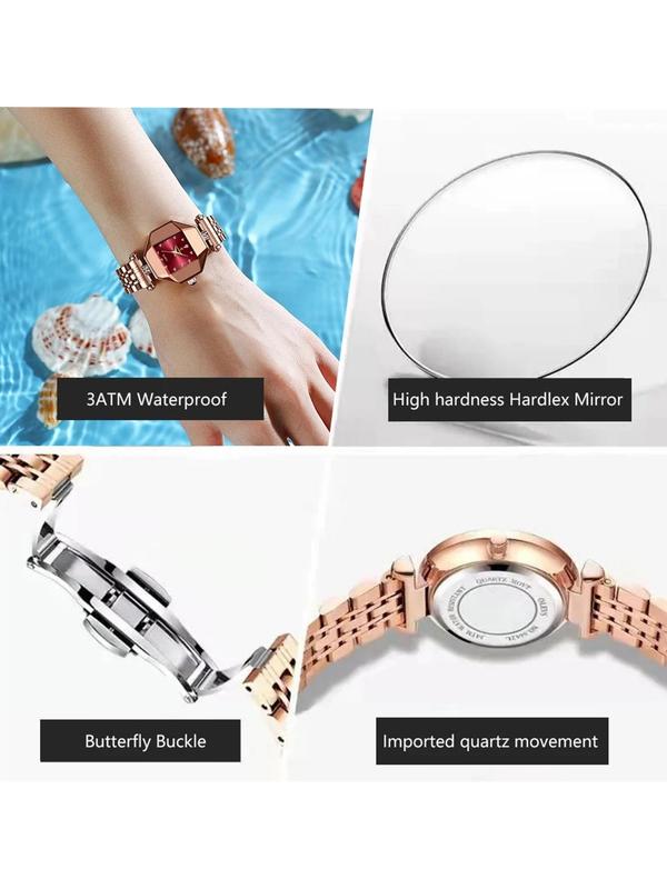 Women's Elegant Waterproof Geometry Dial Quartz Watch, Fashionable Wristwatch with Rhinestone Decorated Strap, Trendy Watch for Women As Gift with Box