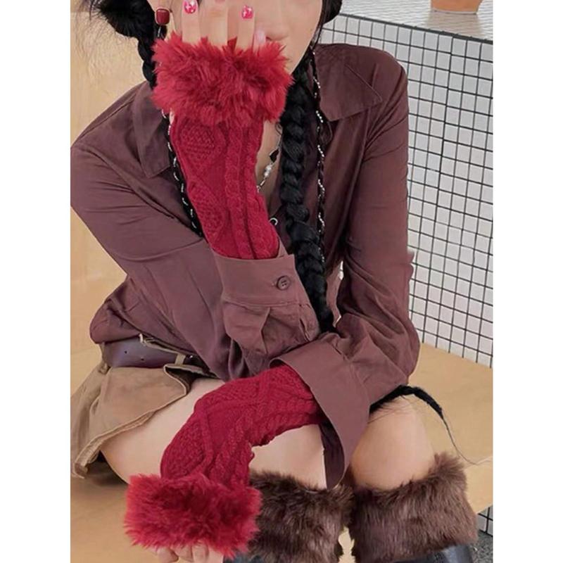 Contrast Fluffy Fingerless Gloves Halloween Accessories Winter Gloves